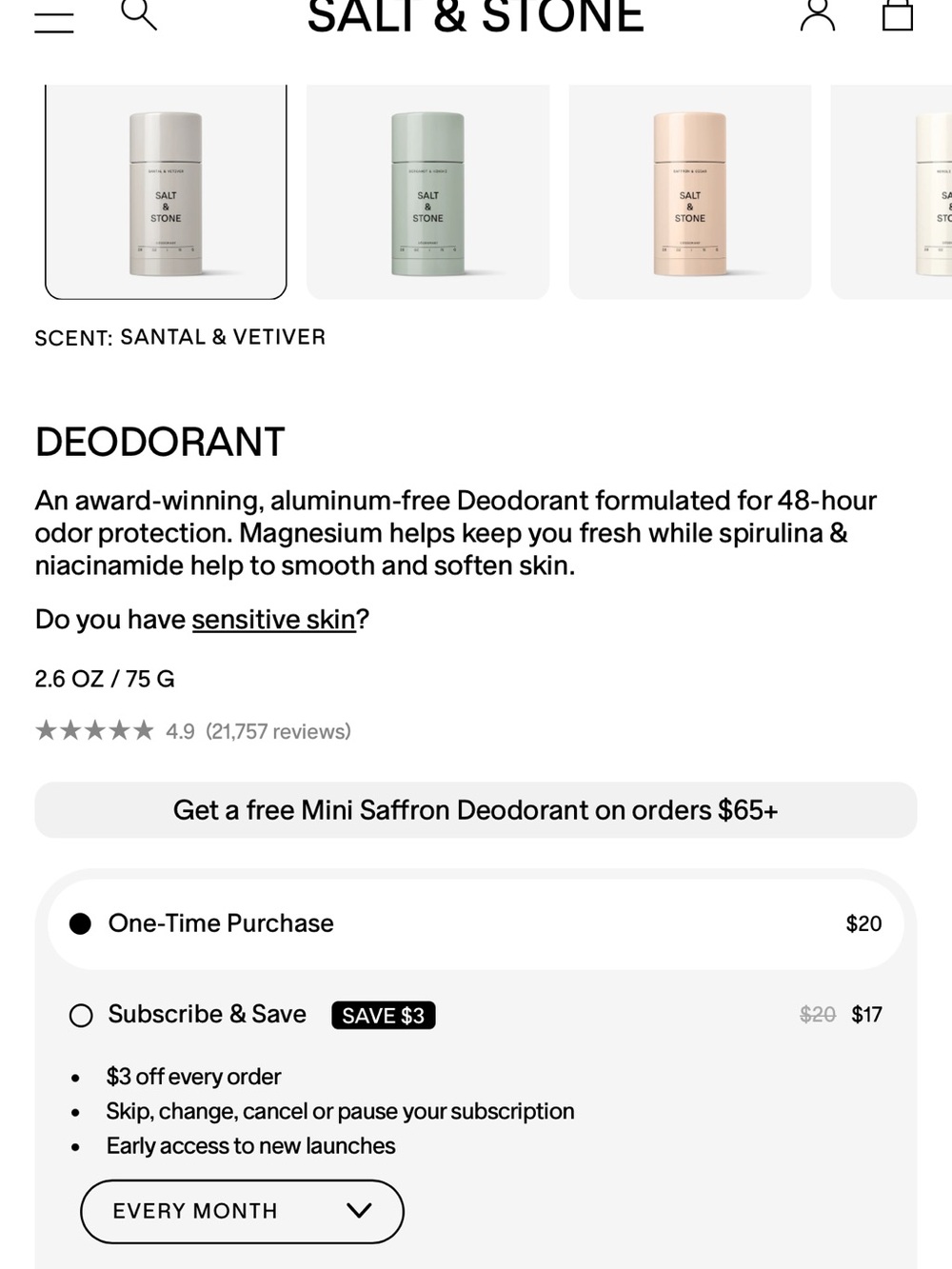 Salt & Stone Saffron & Cedar Deodorant — Brand New in Box 2.6 oz. Full Size - Picture 4 of 4